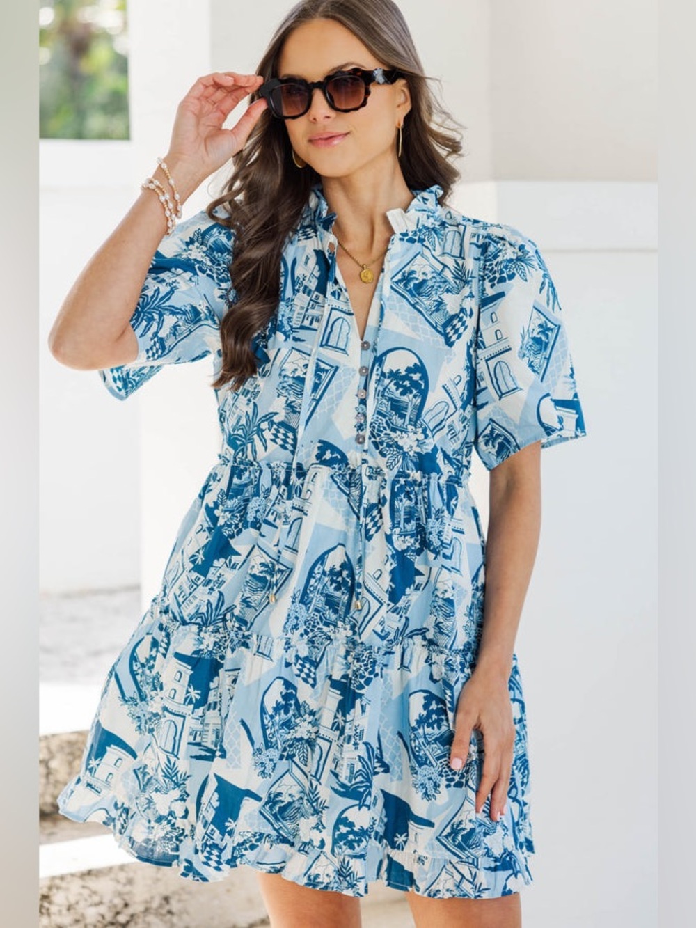 NWT Entro Blue Toile Print Ruffle Tiered Dress Size Large Cottagecore Coastal